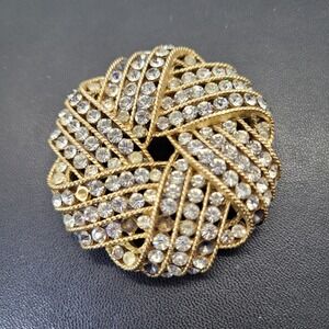Vintage Trifari Signed Brooch Cavalcade Gold Tone Pinwheel Crystal